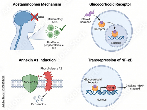 Acetaminophen mechanism of action illustrates how the drug inhibits enzymes within the human body to reduce inflammation and manage pain levels through specific biological pathways.