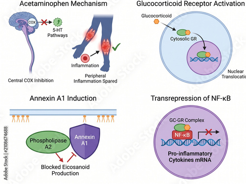 Acetaminophen mechanisms and glucocorticoid receptor activation pathways show how anti-inflammatory processes regulate gene expression and cytokine production in the body.