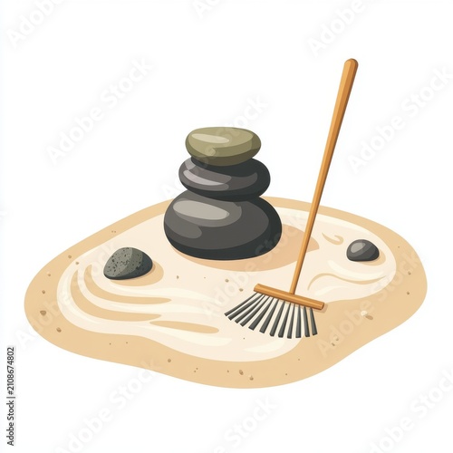 A serene zen garden scene with smooth stones and a rake for sand, evoking peace and tranquility.