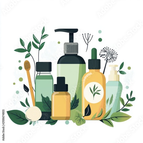 A collection of eco-friendly skincare products illustrated with leaves and natural elements.
