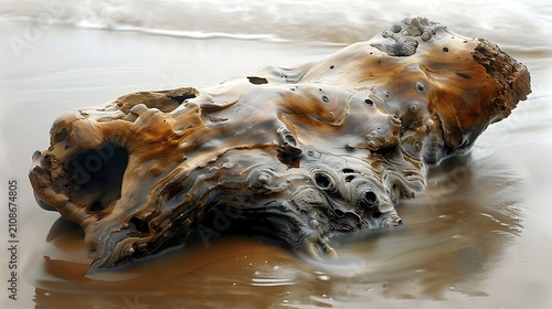 Organic Weathered Driftwood on Sandy Beach with Soft Water Flow and Copy Space