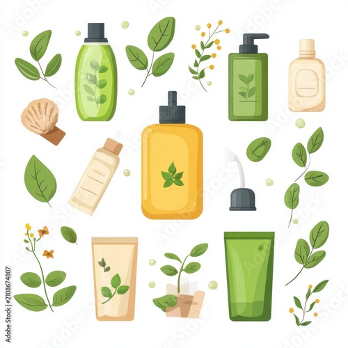 A vibrant collection of green and yellow eco-friendly beauty products surrounded by leaves and nature elements.