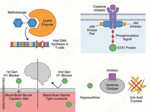 Pharmacological mechanisms illustrate methotrexate and JAK inhibitor pathways alongside blood brain barrier interactions and xanthine oxidase enzyme activity in medical research.