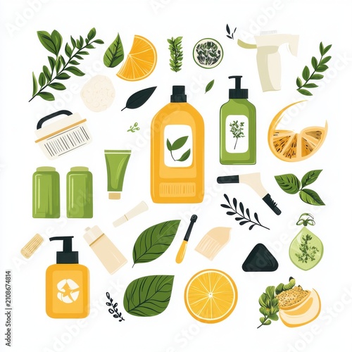 Colorful flat lay of eco-friendly beauty products and natural ingredients, showcasing a vibrant green and orange palette.