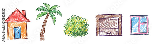House and nature icons set. Children's drawing and home concept. Includes house, palm tree, bush, garage door, window. Hand-drawn doodle style