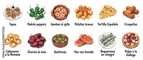 Spanish tapas icons set. Traditional cuisine and appetizer concept. Includes tapas, Padrón peppers, gambas al ajillo, patatas bravas, tortilla Española, croquetas, calamares, chorizo al
