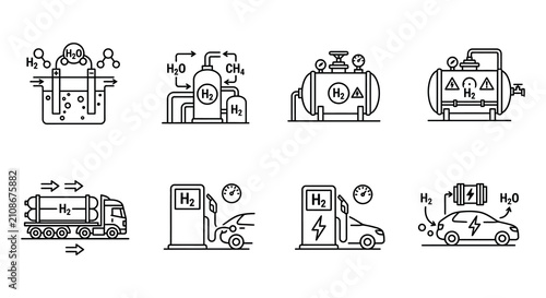 Hydrogen Production And Distribution Line Icons Black On White