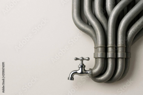 Multiple metal pipes converge into a single faucet. Space for text.