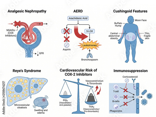 Medical infographic board displays various pathological conditions including metabolic syndrome, immune system disorders, and cardiovascular risks related to drug therapy mechanisms.