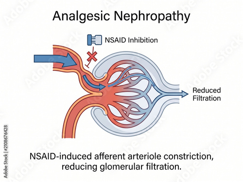Glomerulus diagram demonstrates the specific mechanism of analgesic nephropathy where medication inhibits normal arterial blood flow and reduces overall renal filtration capacity.