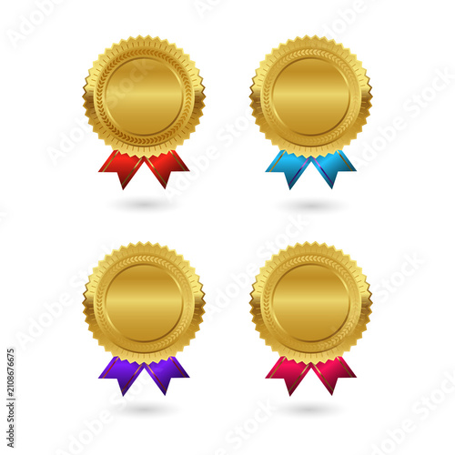 Golden award badges with colorful ribbons for recognition and achievement on transparent background PNG