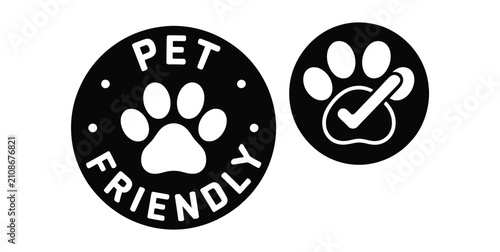 Pet friendly vector icons featuring vet approved badges, veterinary diet symbols, animal friendly signage, and flat illustration for pet care design.