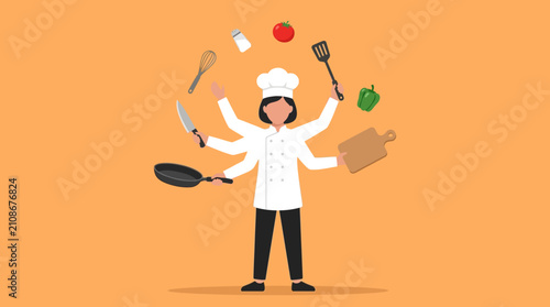 Chef juggling various kitchen utensils and ingredients symbolizes the culinary professional's multitasking abilities and passion for cooking.