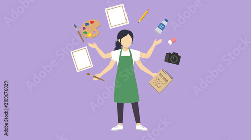 Creative woman with multiple arms expertly juggles various art and photography tools, symbolizing multitasking and diverse skills in the artistic field.