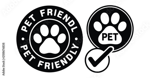 Pet friendly vector icons featuring vet approved badges, veterinary diet symbols, animal friendly signage, and flat illustration for pet care design.