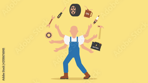 Mechanic efficiently juggles multiple car maintenance tools and parts, symbolizing expertise and multitasking in the automotive repair industry.