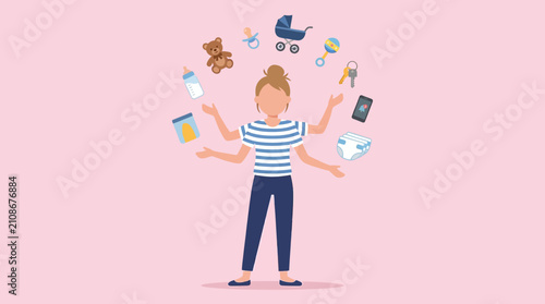 Woman juggles multiple responsibilities, symbolizing the demanding and multi-faceted role of modern motherhood in a busy lifestyle.