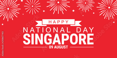 Happy National Day Singapore celebration poster with fireworks and date display