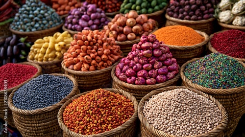 A colorful market-inspired scene with baskets of vegetables and chickpeas creating abundant harvest aesthetics