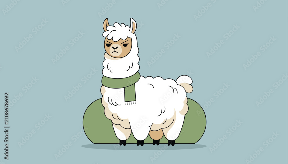 Fototapeta premium Adorable fluffy white alpaca wearing a cozy green scarf and looking quite grumpy on a soft blue circular background.