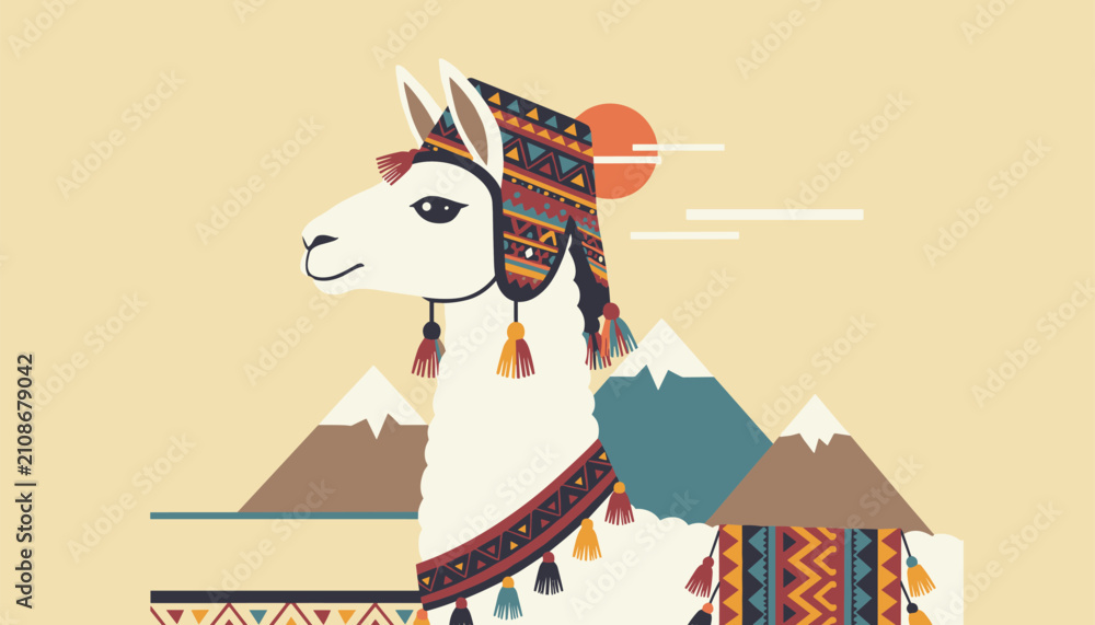 Fototapeta premium Majestic white llama wearing a vibrant traditional hand-woven andes wool hat and collar with mountain peaks behind.