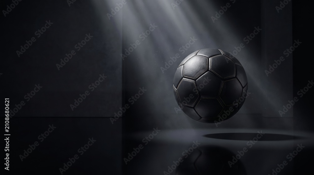 Fototapeta premium Floating Black Leather Soccer Ball with Dramatic Light Rays