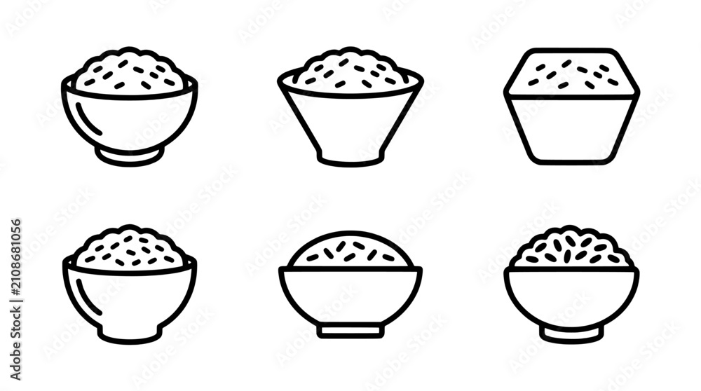 Fototapeta premium Set of rice bowl icons in flat line style for Asian cuisine and healthy food menu design
