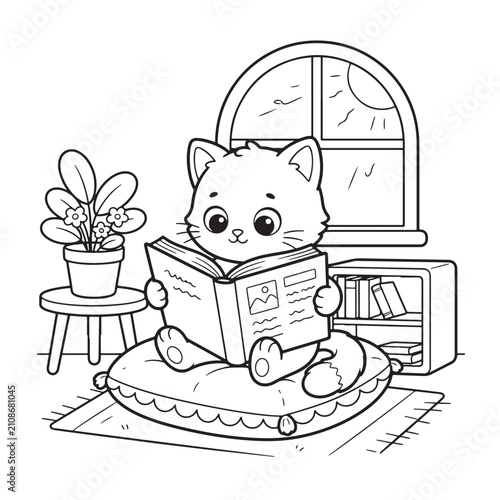 Cute cat reading book on pillow coloring page vector