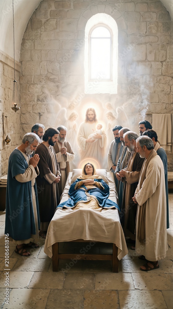 Obraz premium Dormition of the Mother of God with apostles and Jesus Christ holding her soul in paradise. Religious scene of Virgin Mary death and ascension. Biblical art for Easter holiday.