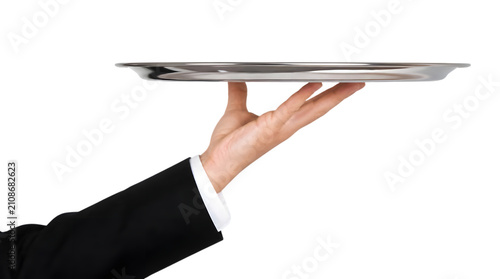 Waiter hand holding an empty silver tray. Professional server carrying a metal platter.