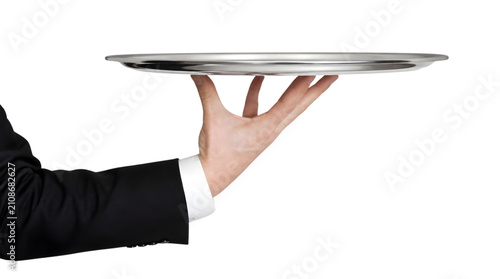 Waiter hand holding empty silver tray. Professional server carrying metal platter isolated.