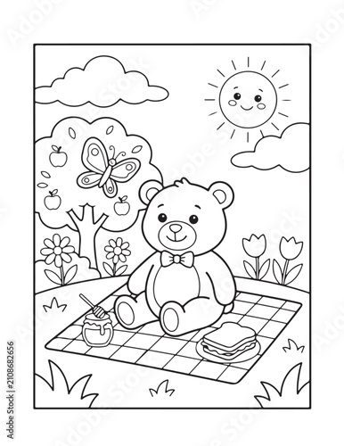 Cute teddy bear picnic coloring page for kids vector