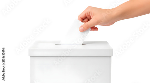 Hand casting a vote in ballot box. Person inserting paper ballot into election container.