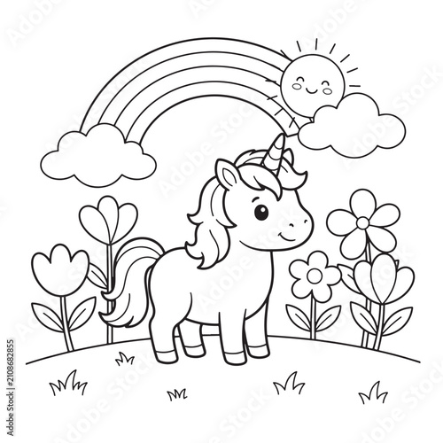 Cute unicorn and rainbow coloring page for kids vector