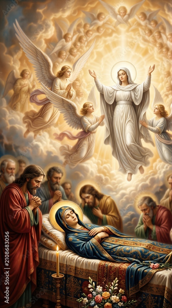 Obraz premium Dormition of the Mother of God with woman lying in bed surrounded by weeping apostle. Ascension of holy Mary to heaven with angel. Biblical scene of religious miracle and faith.