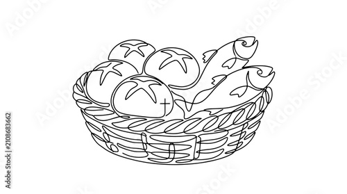 Five loaves and two fish in basket continuous line drawing. New Testament miracle theme. Single line art vector illustration