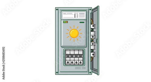 Solar panel electrical panel with sun icon home energy system illustration