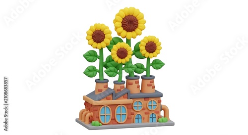 Whimsical sunflower house 3d rendered cottage with blooming floral chimneys