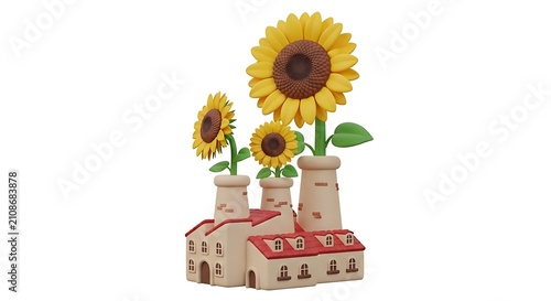 Whimsical sunflower house a charming 3d rendered cottage with floral chimneys