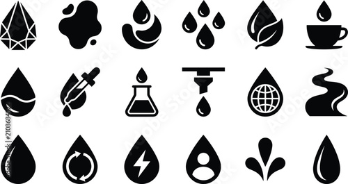 Fotografía Water Drop and Liquid Black Glyph Icon Set for Ecology Science and Beverage Conc