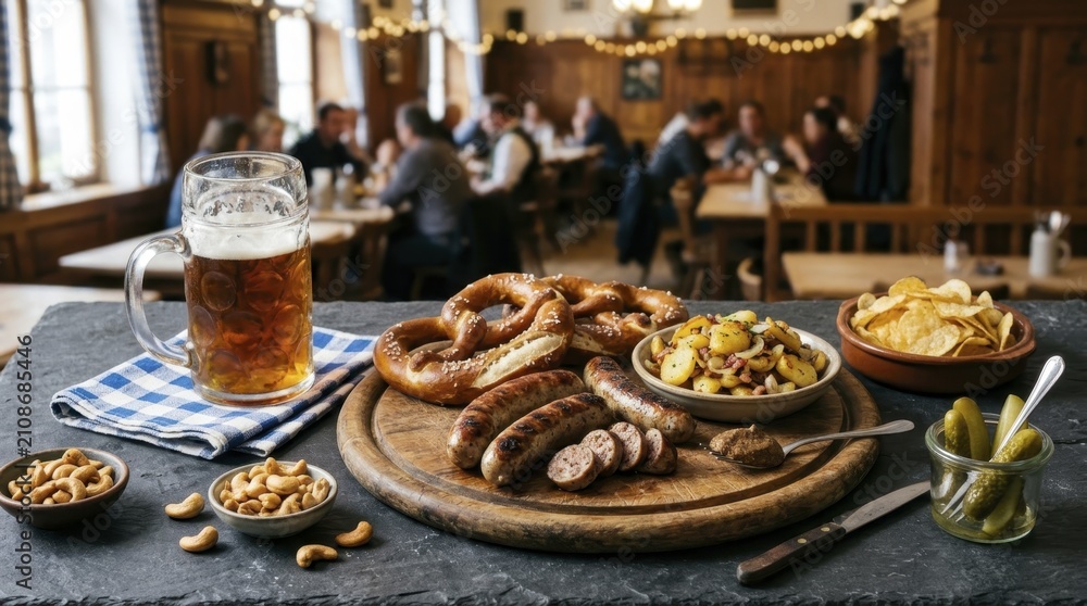 Fototapeta premium Traditional German pub meal with beer sausage pretzel and fried potatoes on wooden platter