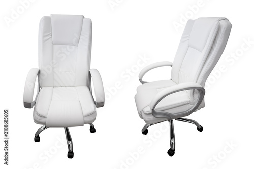 White leather office chair with chrome base isolated on a white background