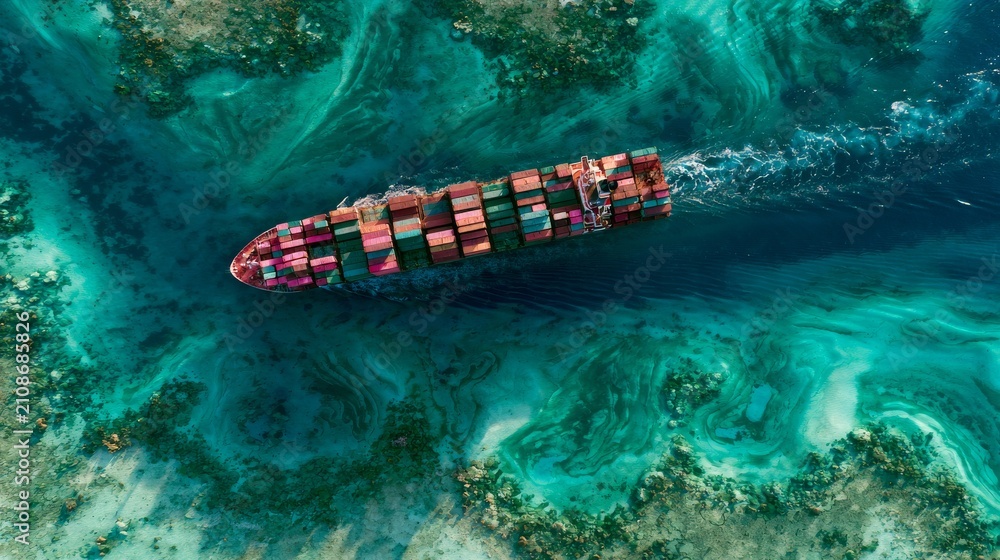Obraz premium Cargo ship moving through clear water near coral reef during daytime