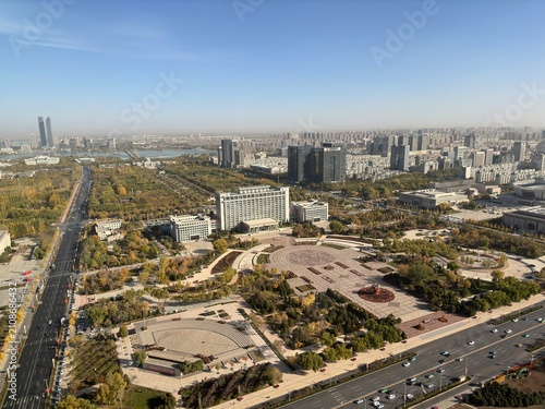 Panoramic view of Yinchuan city in Ningxia, China with urban skyline and parks