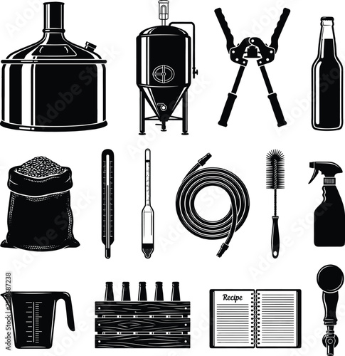 Photography Home Brewing Equipment and Craft Beer Production Silhouette Icon Set for Brewing