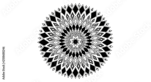 Картината върху платно Intricate black and white geometric mandala pattern with radial symmetry, composed of numerous diamond shapes creating a hypnotic visual effect