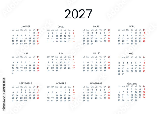 2027 year French calendar in French language. Classical, minimalistic, simple design. White background. Vector Illustration. Week starts from Monday.