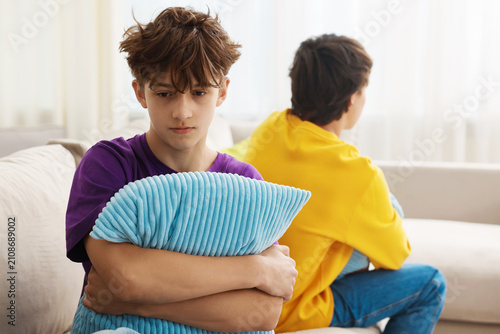 Bild auf Leinwand Resentful teenage brothers sitting with pillows on sofa at home, selective focus
