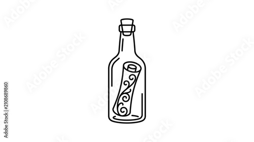 Foto Message in a bottle, simple line art illustration