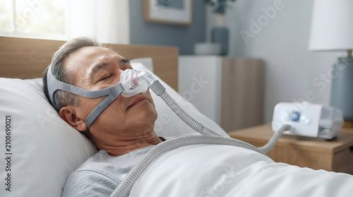 Asian Senior Man Sleeping Peacefully with CPAP Therapy for Obstructive Sleep Apnea at Home